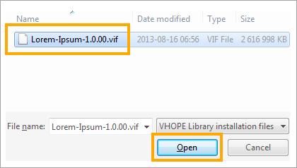 2 VIF-fil Klicka på Fortsättning så visas fildialogrutan. Välj den VHOPE-biblioteksfil (.vif-fil) som du vill importera. Exempelvis en av biblioteksfilerna på det här USB-minnet.