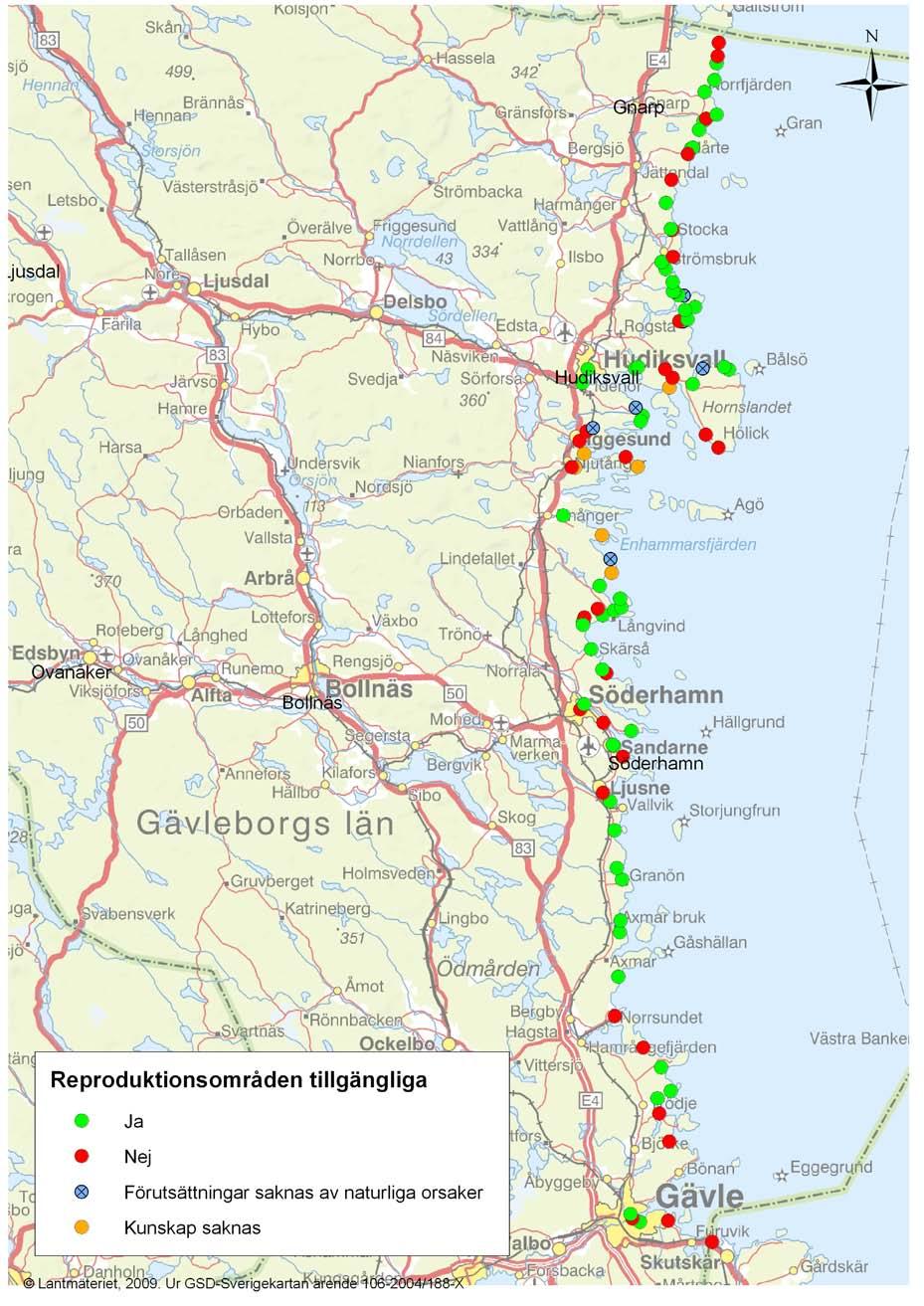 Karta 1. Kustmynnande vattendrag i Gävleborgs län som ingick i undersökningen av fiskarters möjlighet att nå lämpliga reproduktionsområden.