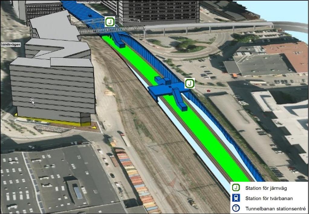 Figur 15. Den nya norra plattformen används för tågtrafik i båda riktningarna under den tid då de två södra spåren byggs. Grön färg visar plattformens placering. 2.