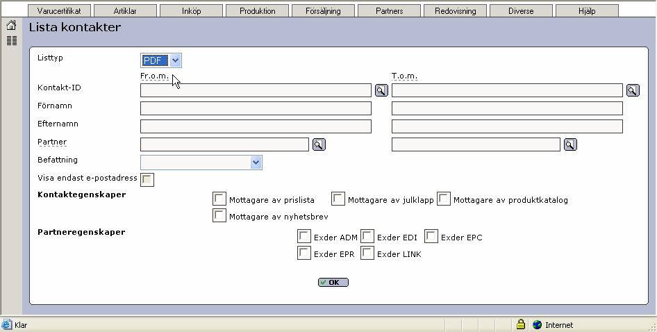 Väljer ni Listtyp PDF skapas en pdf-fil med kontakternas namn och adressinformation lämplig för utskrift av etiketter på skrivare.