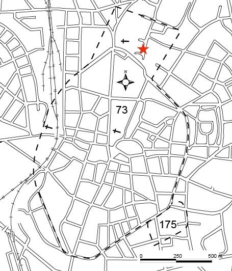 Figur 1. Lunds medeltida stad, fornlämning 73, med platsen för undersökningen markerad med en röd stjärna. Inledning I samband med utökning av befintligt dagvattensystem i Kv.