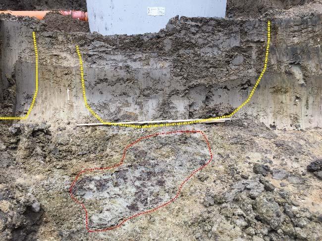 Figur 2. Barklagret i botten av nedgrävning 8 (markerat med rött), nedgrävningarna är markerade i gult. Nedgrävning 7 är den till vänster och nedgrävning 8 är den till höger.