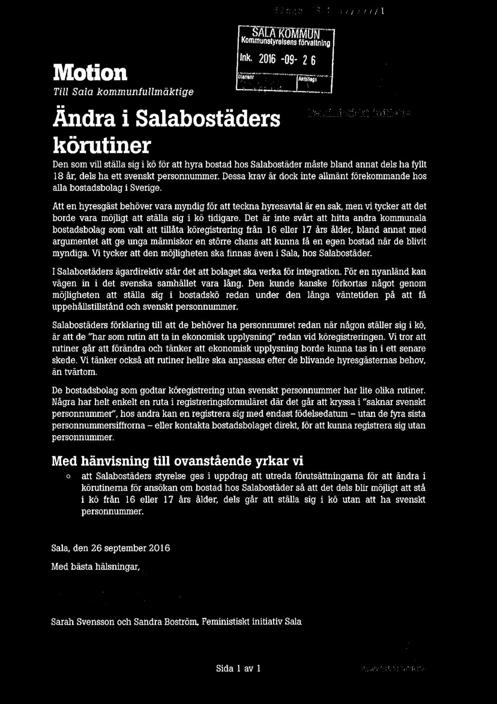 ».:i_{_;1:_;:3 L-'1. /fi17 lf'} Motion - SALAKOMMUN Kommunstyrelsens förvaltning Ink.2015-09-2s Till Sala kommunfullmäktige "mu"! N01.