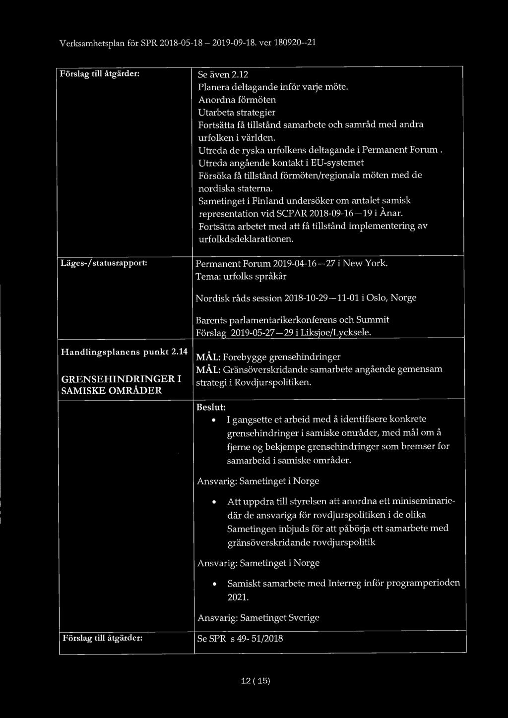 Verksamhetsplan för SPR 2018-05-18-2019-09-18. ver 180920--21 Förslag till åtgärder: Läges-/ statusrapport: Se även 2.12 Planera deltagande inför varje möte.