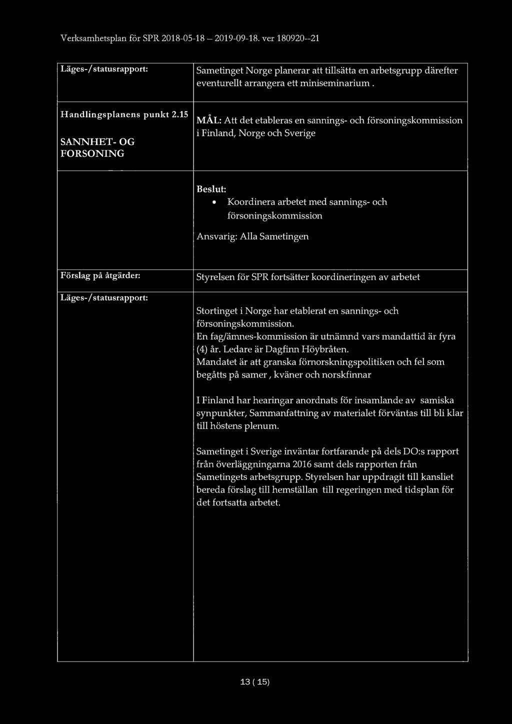 Verksamhetsplan för SPR 2018-05-18-2019-09-18. vet 180920--21 Läges-/ statusrapport: Sametinget Norge planerar att tillsätta en arbetsgrupp därefter eventurellt arrangera ett miniseminarium.
