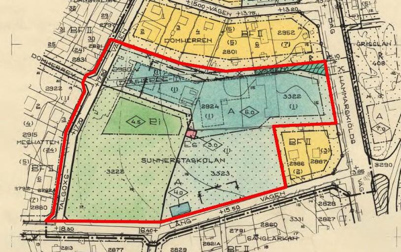 Bilden visar den tidigare detaljplanen för området (från1971). Röd gräns visar denna detaljplans angränsning.