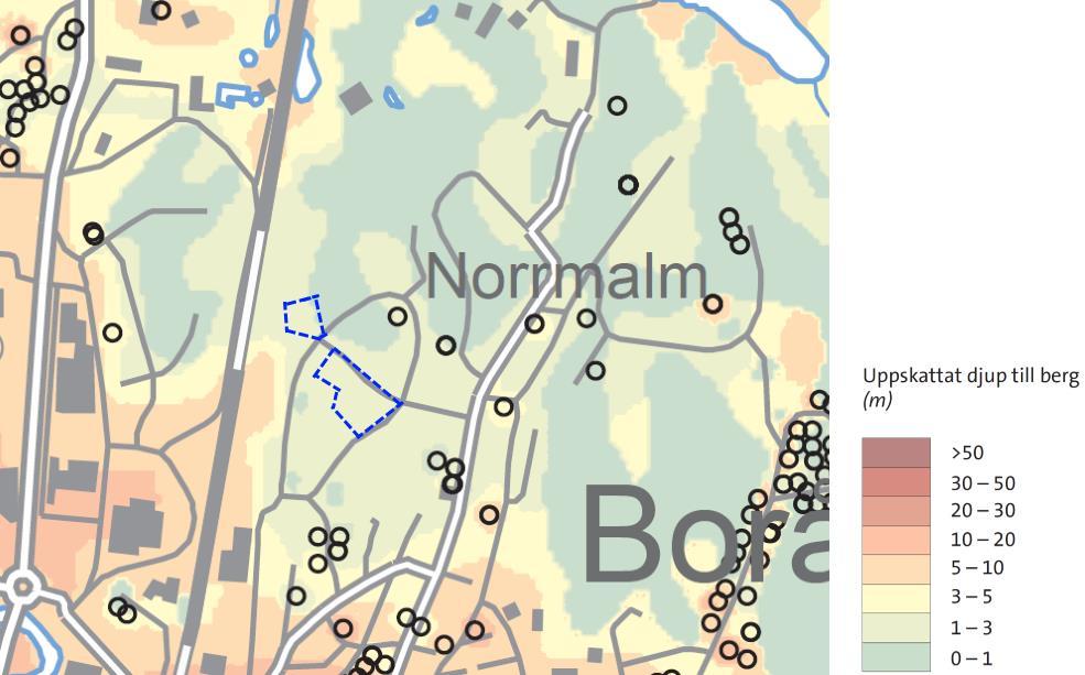 NORRMALM 1:1 YNGLINGAGATAN, BORÅS STAD 9 Figur 3. Urklipp från jordartskartan, aktuella områden markerade med blå-streckad linje (källa: sgu.