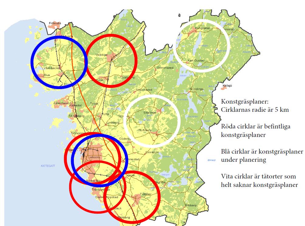 Nedan karta beskriver lokalisering av Varbergs kommuns konstgräsplaner.