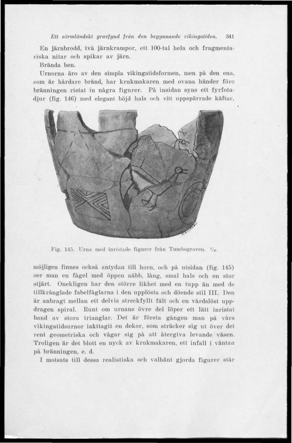 Ett sörmländskt gravfynd frun den begynnande vikingatiden. lon järnbrodd, två järnkrampor, ett 100-tal hela och fragmentariska nitar och spikar av järn. Brända ben.