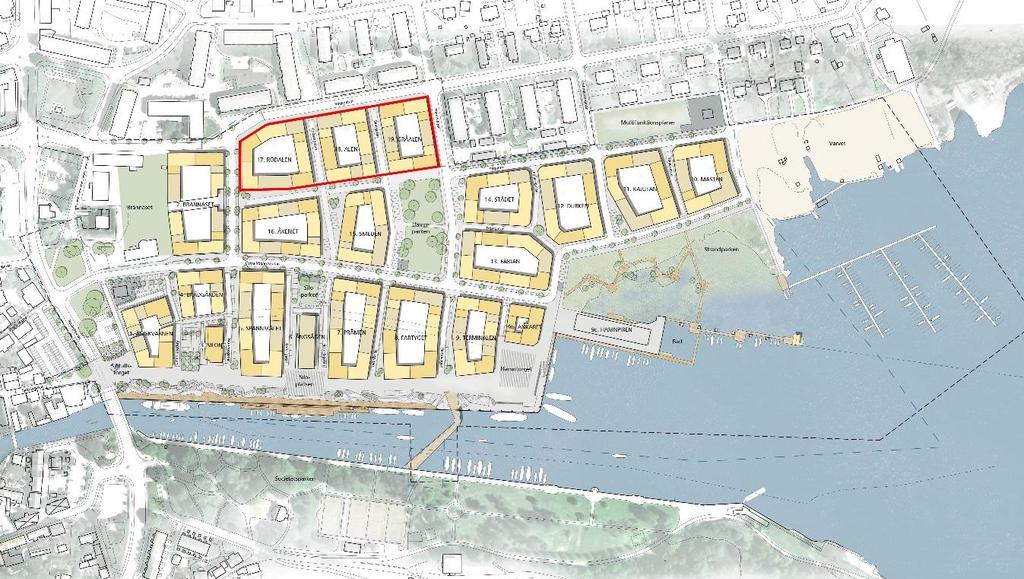 Figur 4. Områdesöversikt. Planområdet markerat i rött. GÄLLANDE DETALJPLANER Inom planområdet finns fyra gällande detaljplaner/stadsplaner: Förslag till ändring av stadsplanen för hamnområdet m.m., 01 28 (1946-12-20) Förslag till ändring av stadsplan för Brännäset m.