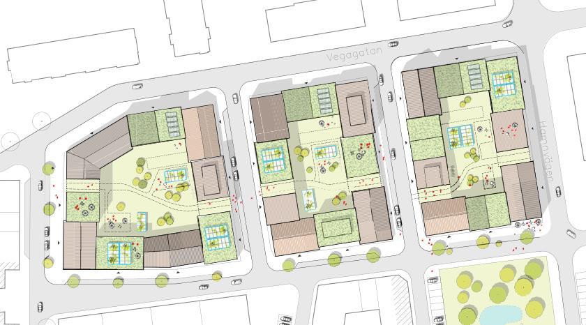 PLANFÖRSLAGET FÖRESLAGEN BEBYGGELSE Figur 16. Illustration över planområdets kvarter Rödalen, Alen och Gråalen. Källa: Slättö/C.F. Möller Planförslaget omfattar tre kvarter med lokalgator mellan.