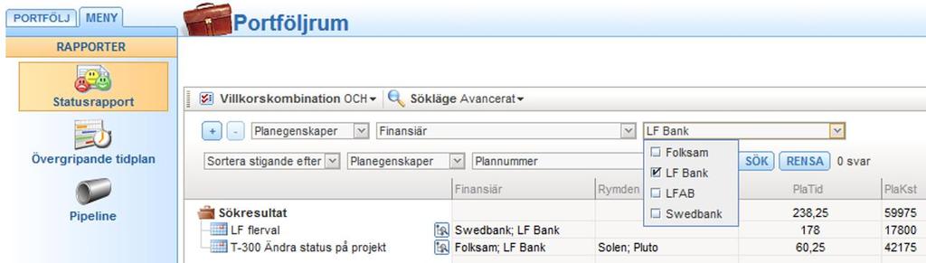 Sökes flera val blir sökresultatet endast de planer som uppfyller valet. 3. Använd villkorskombinationen OCH/ELLER för att bredda sökresultatet.