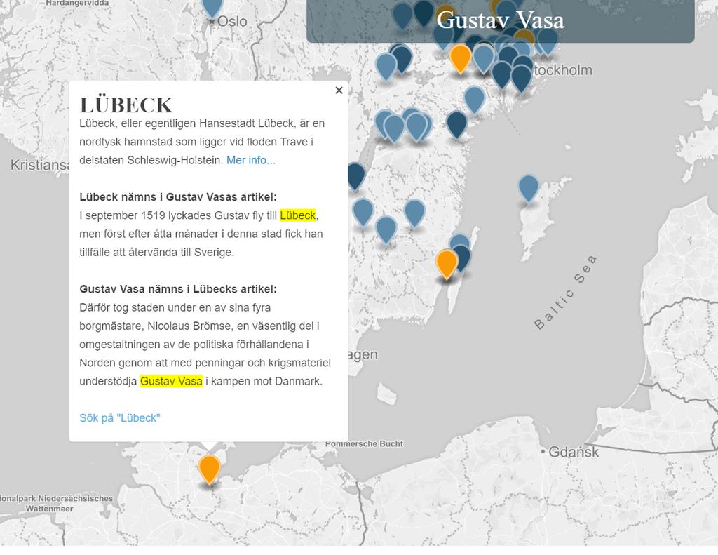 KAPITEL 5. RESULTAT 21 Figur 5.5: Ett skärmklipp från en sökning på Gustav Vasa och den popup-ruta som då visas för den relaterade artikeln Lübeck. Figur 5.6: En skärmdump av tidslinjevyn från slutprodukten.