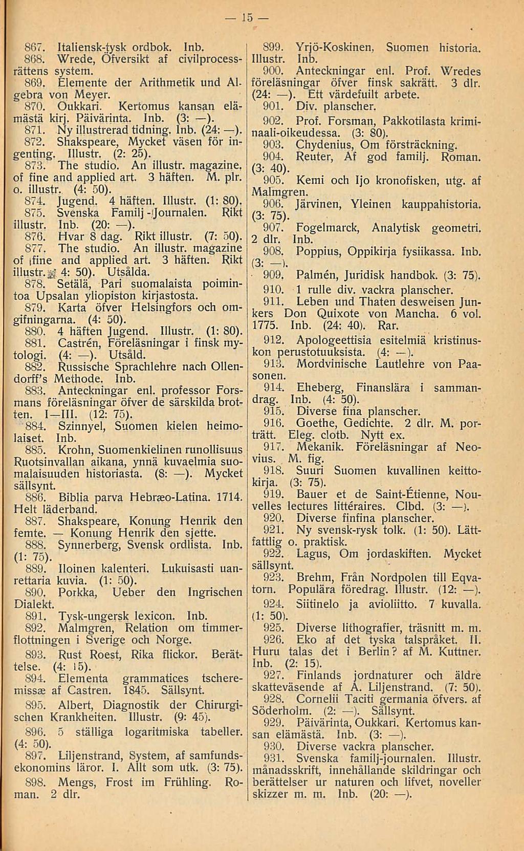 Journalen 909, 15 867 Italiensk-tysk ordbok 868 Wrede, Öfversikt af civilprocessrättens system 869 Elemente der Arithmetik und Algebra von Meyer 870 Oukkari Kertomus kansan elämästä kirj Päivärinta