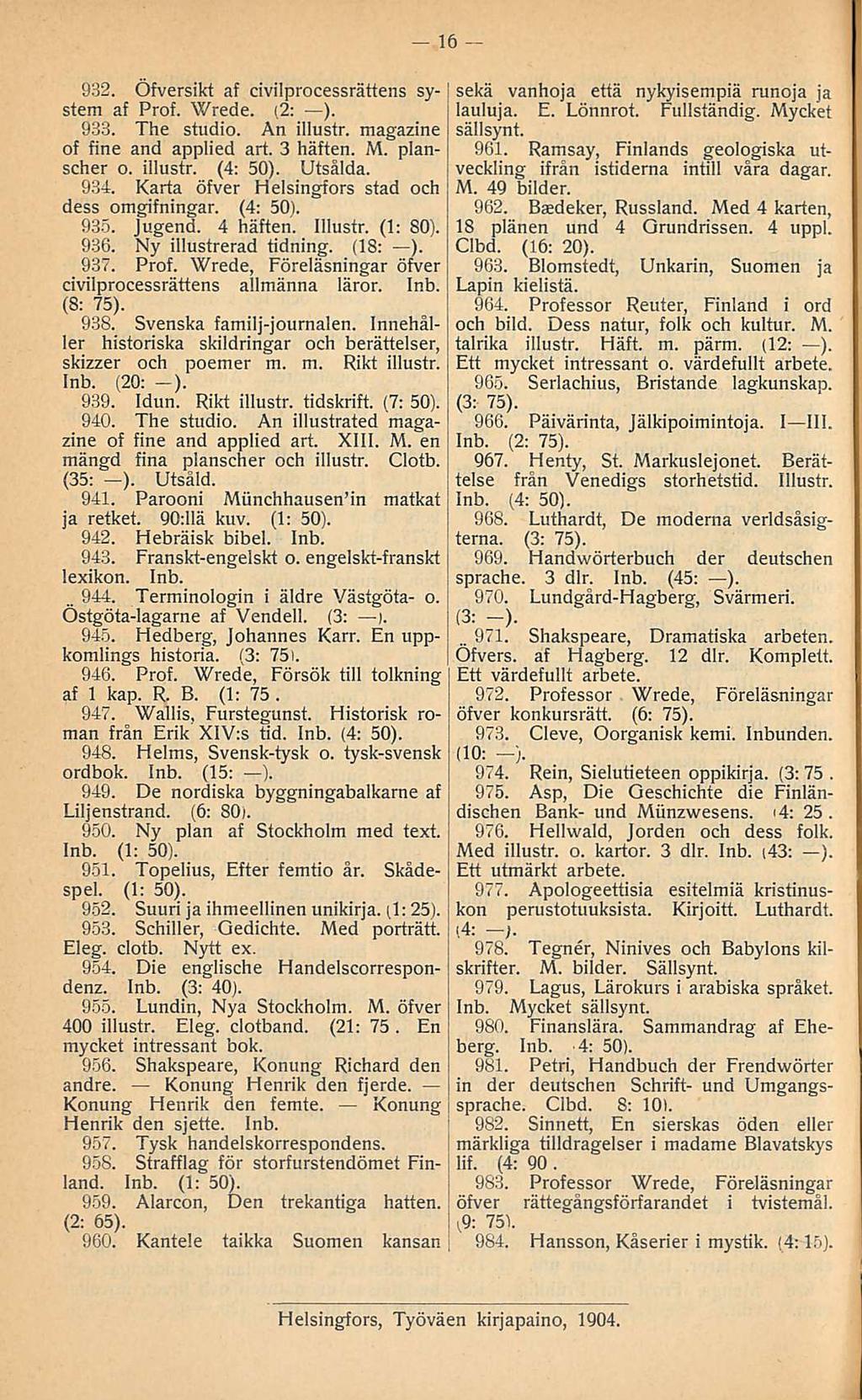 944 971 16 932 Öfversikt af civilprocessrättens System af Prof Wrede (2: ) 933 The studio An iilustr magazine of fine and applied art 3 häften M planscher o iilustr (4: 50) Utsålda 934 Karta öfver