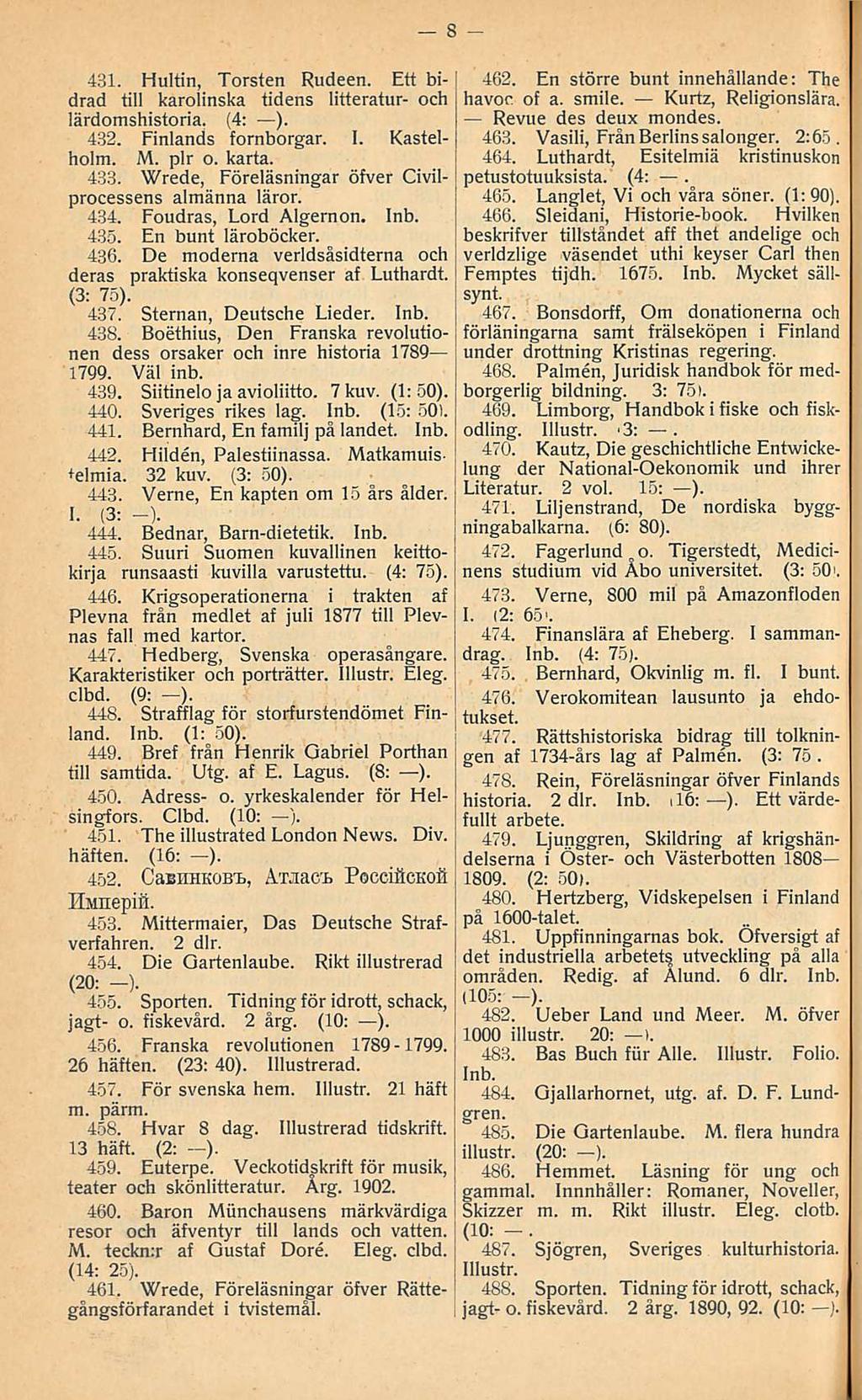 431 Hultin, Torsten Rudeen Ett bidrad tili karolinska tidens litteratur- och lärdomshistoria (4: ) 432 Finlands fornborgar I Kastelholm M plr o karta 433 Wrede, Föreläsningar öfver Civilprocessens
