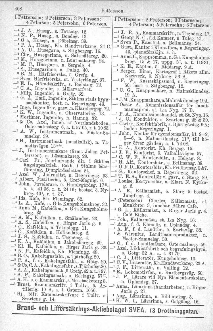 408 Pettersson. 1 Pettersson; 2 Petterson; 3 Petersson; 1 Pettersson; 2 Petterson; 3 Petersson; 4 Peterson; 5 Petersohn; 6 Peterzon. 4 Peterson; 5 Petersohn; 6 Peterzon. J. A., Huseg., s. TavaRtg. 12.