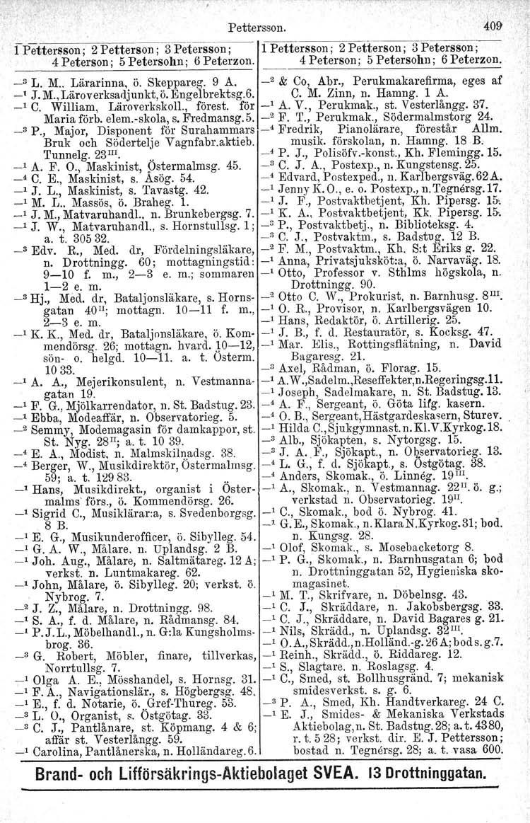 " Pettersson. 1 Pettersson; 2 Petterson; g-petersson ;-- 1 Pettersson; 2 Petterson; 3Petersson;-- 4 Peterson; 5 Petersohn; 6 Peterzon. 4 Peterson; 5 Petersohn; 6 Peterzon. _3 L. M.. Lärarinna, ö.