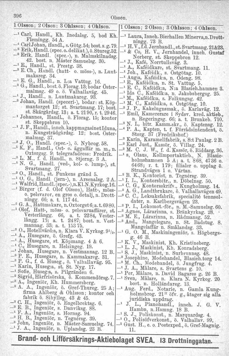 396 Olsson. 1 Olsson; 2 Olson: 3 Ohlsson; 40hlson. foisson;2 Olson; 3 Ohlsson; 40hlson. _1 Carl, Handl., Kh. Inedalsg. 5; bod Kh. _1 Laura, Inneh. Bierhallen Minerva,n.Drott- Flemingg. 54 A. ningg.