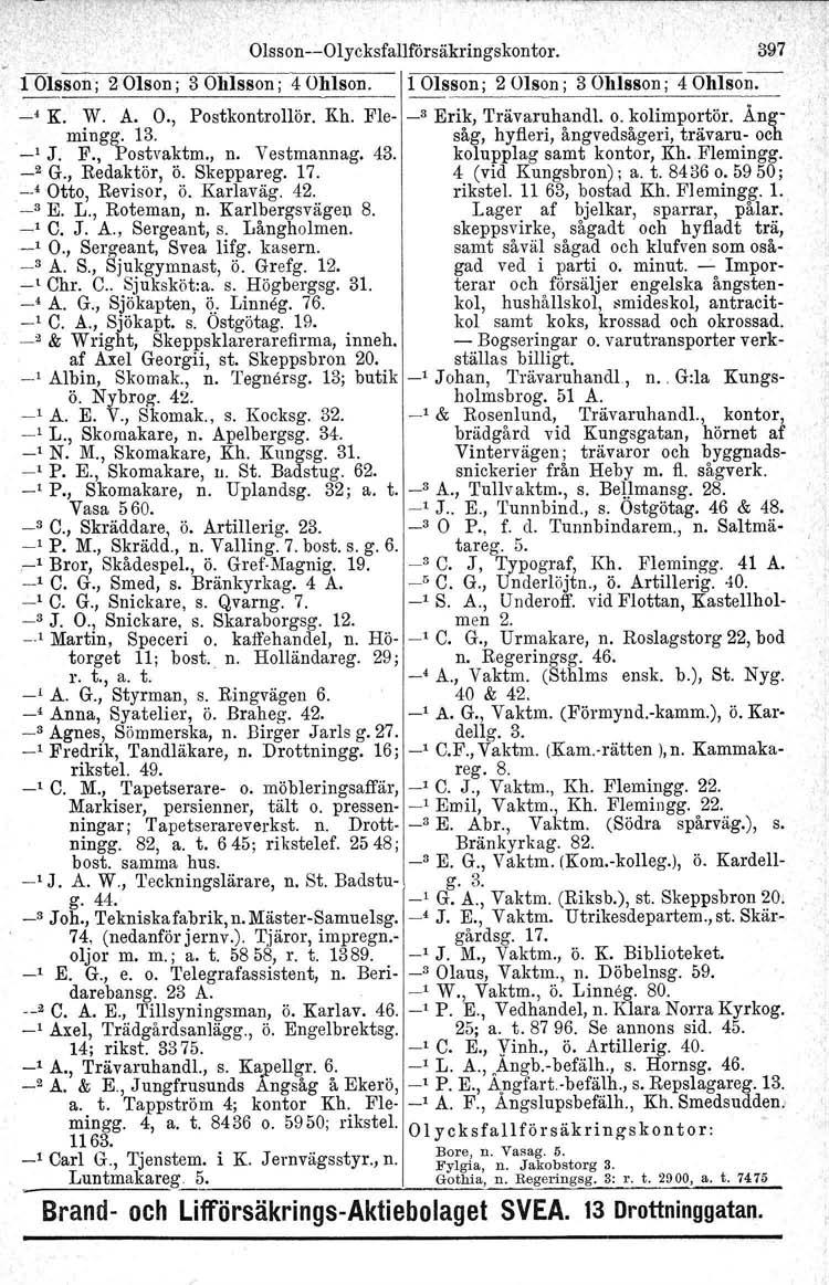 Olsson-Olycksfallfårsäkringskontor. 397 1 Olsson; 2 Olson; 3 Ohlsson; 40hlson. 1 Olsson; 2 Olson; 3 Ohlsson; 40hlson:-- _4 K. W. A. O., Postkontrollör. Kh. Fle- _3 Erik, Trävaruhandl. o. kolimportör.