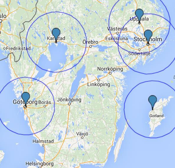 5 Helikoptertäckning med nuvarande helikoptrar i södra Sverige. Cirkeln visar 20 uter flygtid från respektive helikopterbas.
