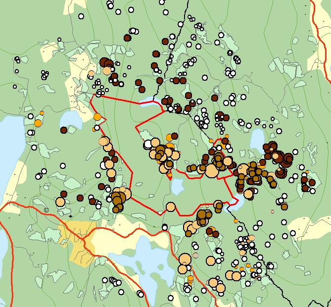 Figur 33. Angrepp utanför Marieholmsskogen 2009-2014 (ljust-mörkbrun 2009-2012, vit ring 2013 och 2014).