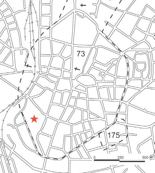 Figur 1. Lunds medeltida stad, fornlämning 73, med platsen för undersökningen markerad med röd stjärna.