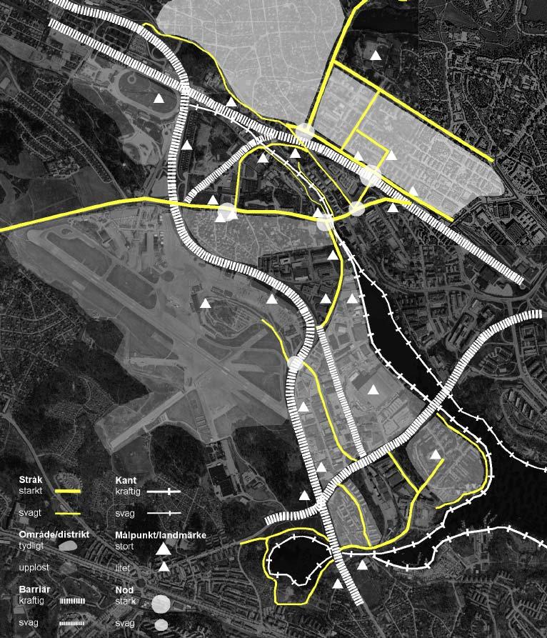 VISUELL ANALYS I området finns många starka stråk för bilister, som av fotgängare uppfattas som kraftiga barriärer och avgränsar stadsdelarna från varandra.