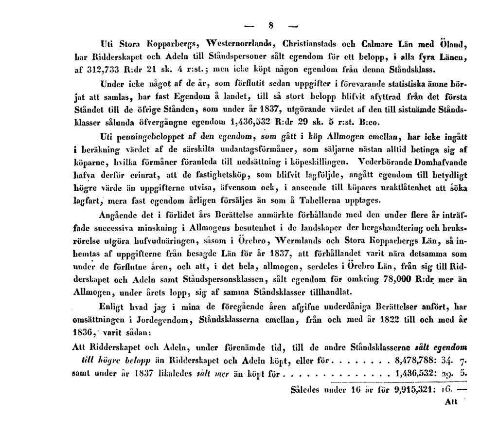 8 Uti Stora Kopparbergs, Westernorrlands, Christianstads och Cnlmare Län med Öland, har Ridderskapct och Adeln till Stundspersoner sålt egendom för ett belopp, i alla fyra Länen, af 312,733 R:dr 21