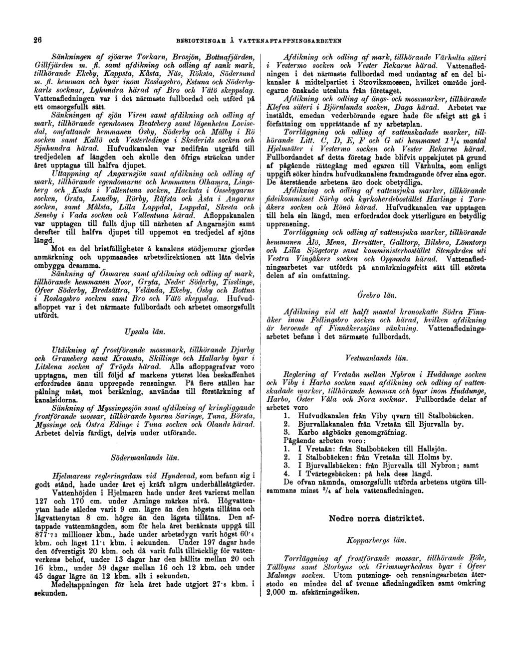 26 BESIGTNINGAR Å VATTENAFTAPPNINGSARBETEN. Sänkningen af sjöarne Torkarn, Brosjön, Bottnafjärden, Gillfjärden m. fl.