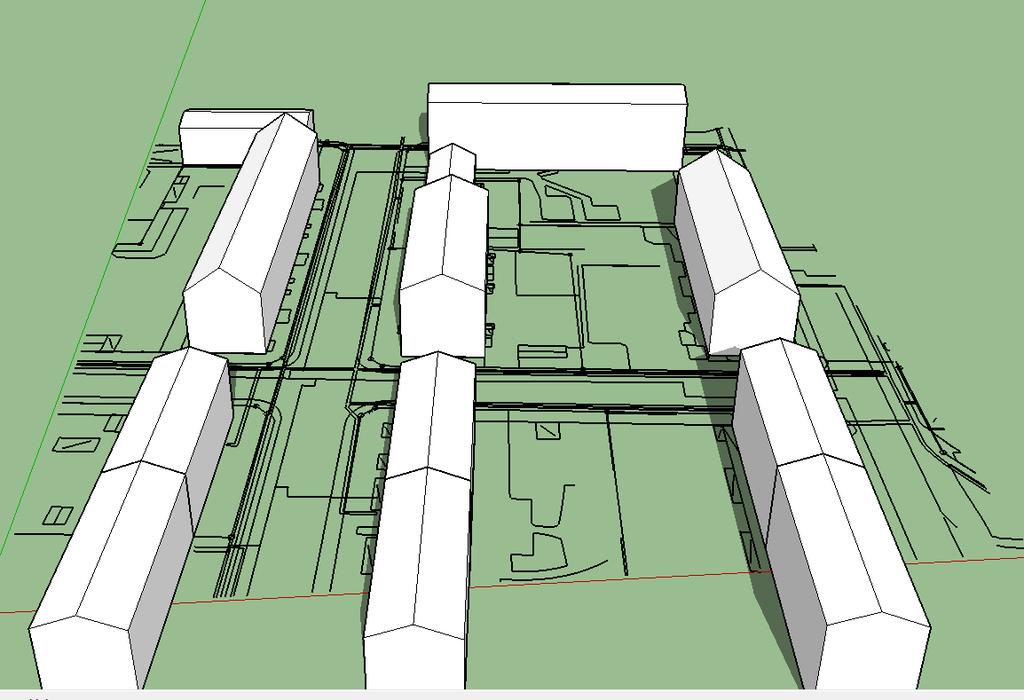 Figur 4. Skuggstudie för vårdagjämning 20 mars. Befintlig bebyggelse (vänsterrad) jämförs med föreslagen bebyggelse (högerrad).