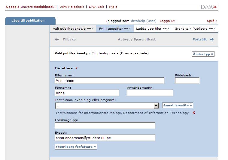 Steg 2. Fyll i uppgifter: fyll i uppgifter om examensarbetet. Fält med röd asterisk () är obligatoriska att fylla i.