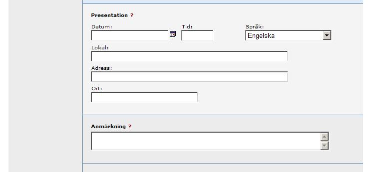 Under Presentation behöver du inte fylla i något. Steg 3. Ladda upp fil: ladda upp examensarbetet i pdf format. Läs igenom och bocka sedan för godkännandet för webbpublicering.