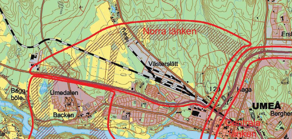 8.2 Norra länken Omfattning, trafikmängder mm Norra Länken kan utföras antingen i form av nybyggnad eller i form av ombyggnad av befintlig E12 Vännäsvägen.