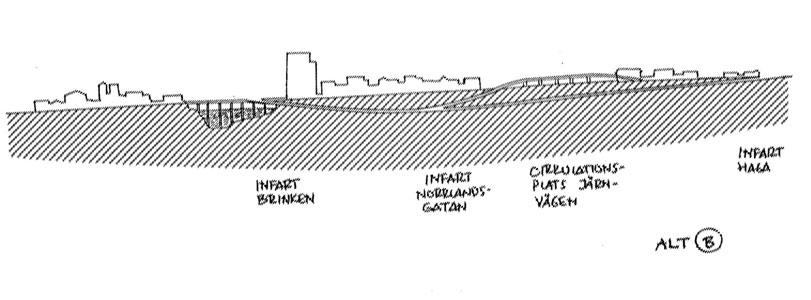 Beskrivning av tunnel under Västra Esplanaden Under skissfasen studerades fyra alternativa tunnellösningar: Alternativ 1 E4-an förläggs i tunnel från och med korsningen med Kungsgatan till och med