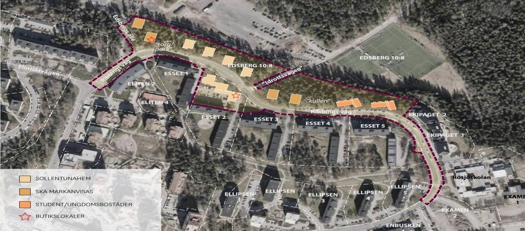 4.3.4 Ribbings väg Figur 5. Planområde inom rödstreckad markering, skala 1:2000 Källa: Detaljplan för del av Edsberg, Sollentuna kommun, 2016.