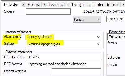 Interna referenser kastas om vid fakturering I Agresso anger vi personen som ska stå som kontaktperson på fakturan ( Vår referens ) i fältet Säljare.