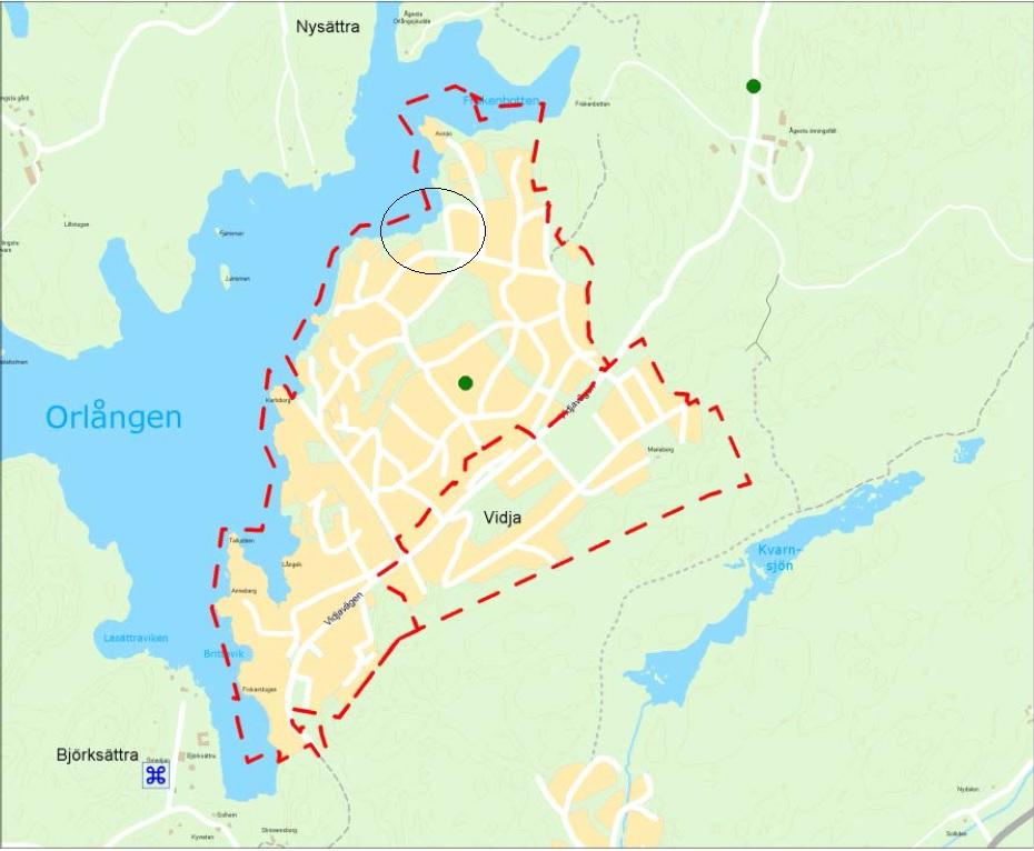 SIDA NBF 2016-001417 2 (5) Vidjavägen och sjön Orlången, knappt 4 km från gränsen mot Farsta. Detaljplanen för Vidja etapp 2 omfattar ca 415 bostadsfastigheter i enskild ägo och upptar ca 141 hektar.