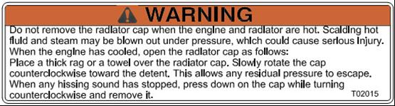 Märke nr 11: Ta inte bort kylarlocket när motor och kylare är varma. Skållhett vatten och ånga kan blåsas ut under tryck och orsaka allvarlig skada.