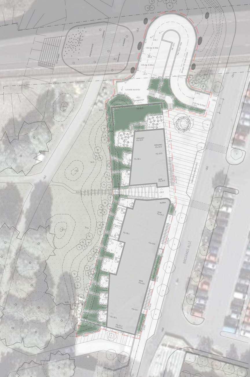 DAGVATTENUTREDNING BEFINTLIG SITUATION - AREOR FLÖDESBERÄKNING Grönskande planteringar Lokal lågpunkt A Fas ghetens area totalt: 2 510 m2 Mark under bro (dagva enkoe cient 0): 400 m2 Fas ghetens area