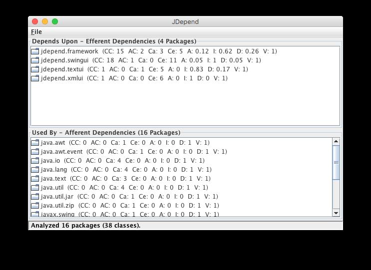 40 KAPITEL 5. MÄTNINGAR AV PROGRAMVARUSYSTEM (METRICS) Figur 5.4: JDepend (resultat för mätning på källkoden till JDepend) 5.9.