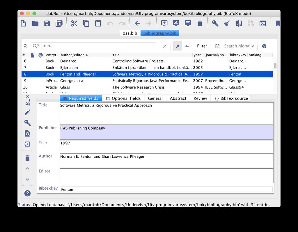 58 KAPITEL 7. ATT RAPPORTERA RESULTAT SKRIFTLIGT Figur 7.3: Exempel på verktyg för att arbeta med.bib-filer renstyper beskrivs i tabell 7.2. Man kan såklart arbeta med sina.
