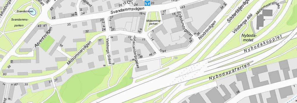 Planområdets läge markerat med röd ring. Box 8314, 104 20 Stockholm.