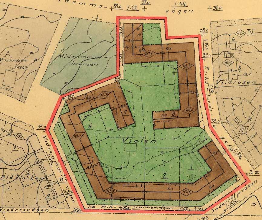 SID 3 (9) Gällande detaljplan kv Violen är PL 1672A (markerad i rött ovan). Planområdesgränsen för föreliggande detaljplan för fastigheten Violen 6 är markerad med gul heldragen linje.