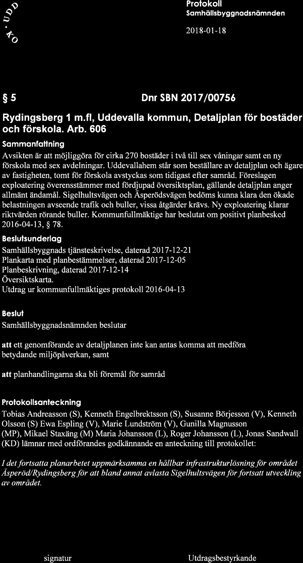 f % ffi: s5 Dnr SBN 2017 /00756 Rydingsberg 1 m.fl, Uddevalla kommun, Detaljplan för bostäder och förskola. Arb.