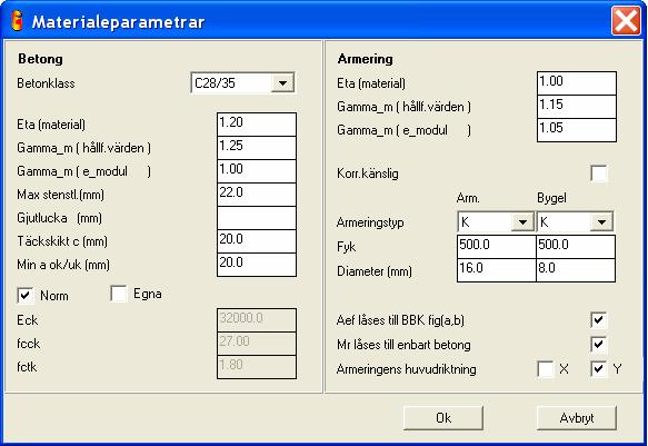 Material Beräkningen kräver att man definierar vilken betong respektive armering man vill använda vid dimensioneringen Denna dialog ger förklaring till de olika fälten då man för pekaren över aktuell