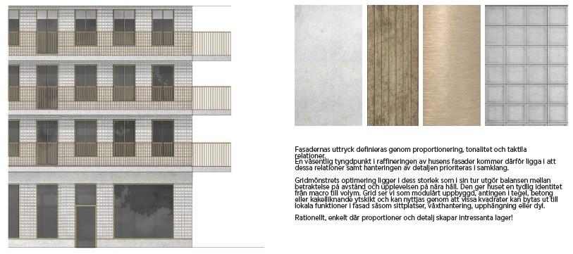 Sida 9 (12) Perspektiv från nordväst med parkkilen i förgrunden Fasadbild och materialprov som visar ambitioner för gestaltning och materialval i fasad, räcken och andra detaljer Fortsatt process De