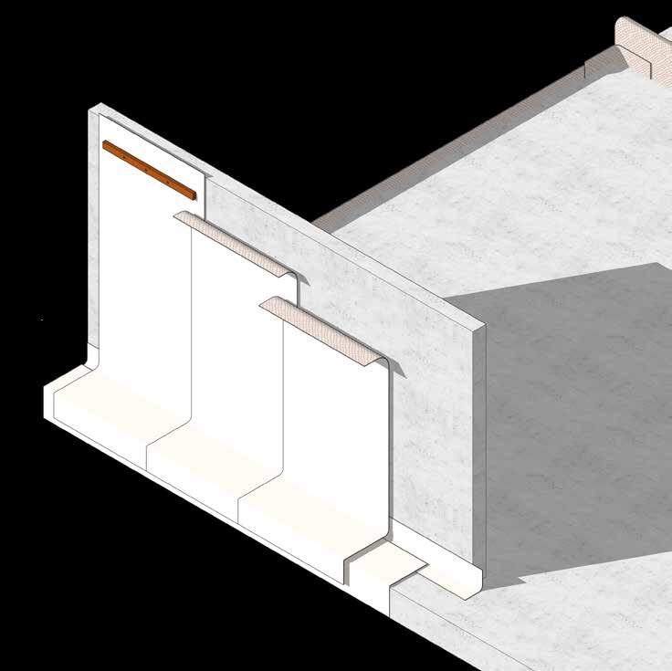 Vattentätning Princip för väggmontage av bentonitmattor efter gjutning. Fixeras med regel i ovankant för att säkra membranet vid återfyllning. Minst 350 mm överlapp.