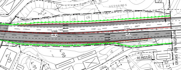 På östra sidan av E20 norr om bron föreslås vidare en 3,5 m hög som sträcker sig från bron och ca 340 m norrut.