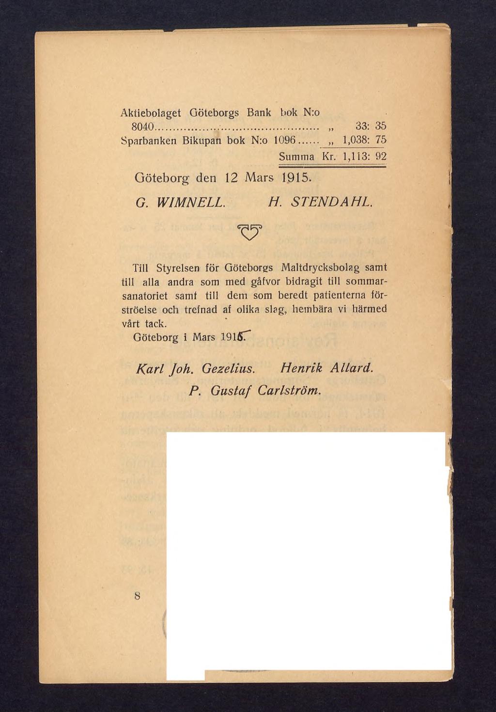 Aktiebolaget Göteborgs Bank bok N:o 8040... 33: 35 Sparbanken Bikupan bok N:o 1096,, 1,038: 75 Göteborg den 12 Mars 1915.